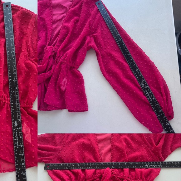 PrettyLittleThing Womens M Dark Red Swiss Dot Tie Front Wrap Sheer Peplum Blouse - Picture 7 of 13